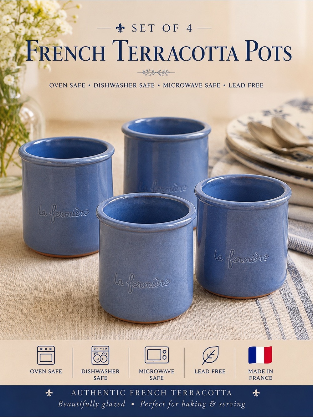 La Fermière French Blue Terracotta Yogurt Pots Set of 4 Oven Safe Ramekins